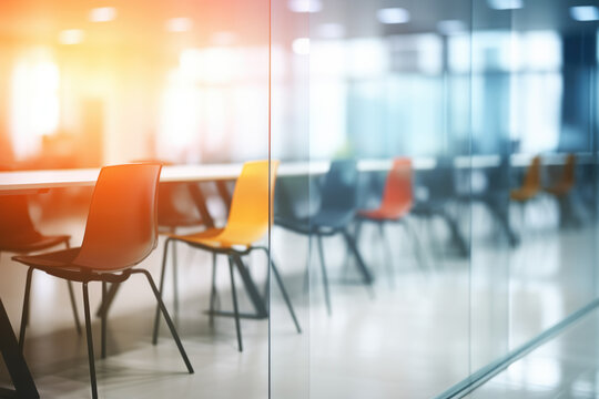 Group of chairs sitting in room next to glass wall. This versatile image can be used to represent office spaces, conference rooms, waiting areas, or modern interior design.