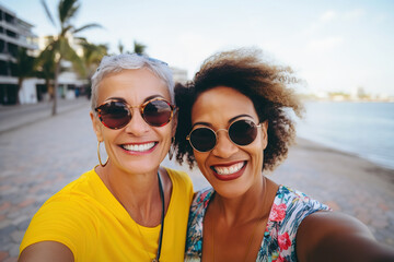 Interracial middle age lesbian couple on tropical vacation