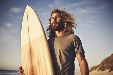 Hipster male surfer with a surfboard, lifestyle portrait