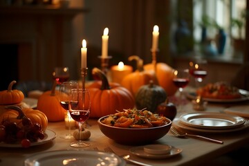 Fototapeta na wymiar Thanksgiving table setting, elegant dinner table with pumpkins and candles generative ai.