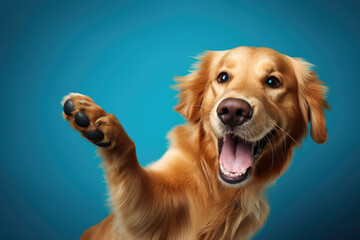 Heartwarming moment captures a happy dog waving its paw in a cheerful greeting against a vibrant blue background. Ideal for pet joy, greetings, and positive interactions-themed visuals.