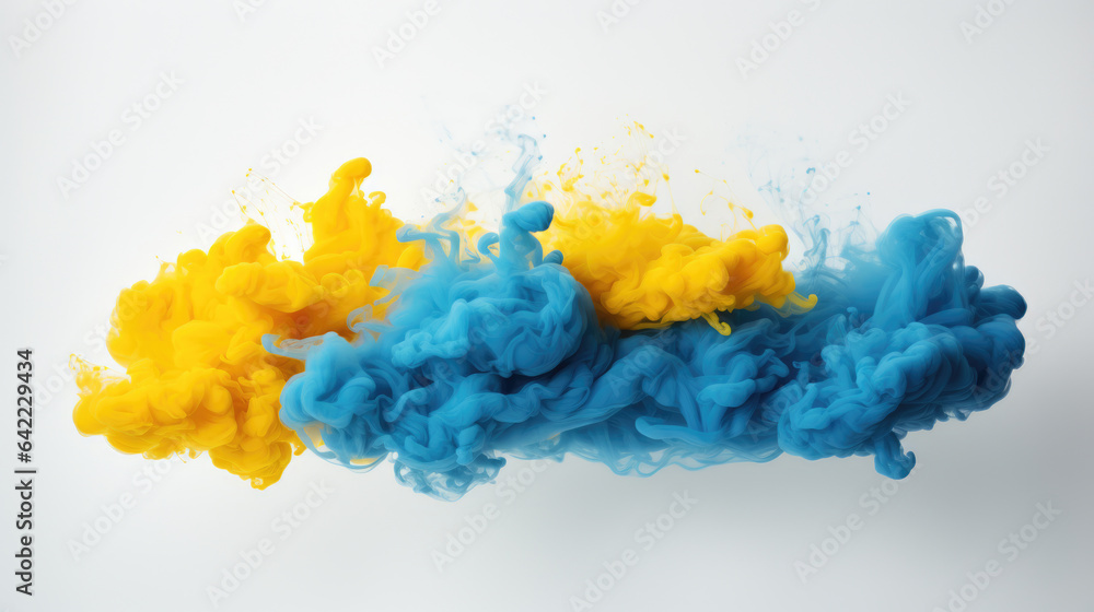 Poster vibrant and dynamic free-flowing smoke with yellow and blue tones against white background. smoke ap
