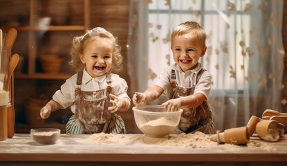 Fototapeta premium Kids cooking and having fun on kitchen, generative ai.