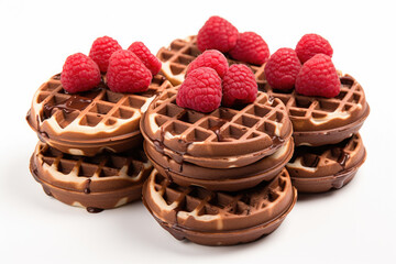 Obraz premium delicious breakfast or dessert with a stack of chocolate waffles adorned with juicy raspberries, bakery or cafe