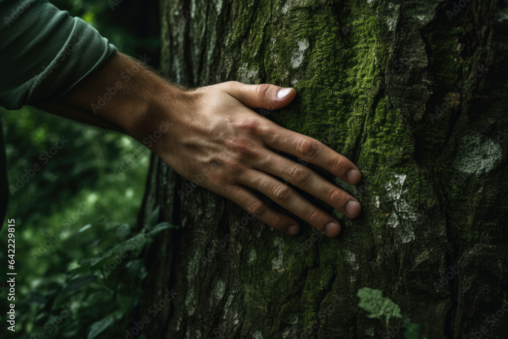 Poster symbolic image of hand gently touching tree covered with moss, conveying the idea of unity with natu