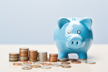 Piggy bank placed in front of neat stack of coins on blue background, illustrating idea of savings, financial planning, and wealth accumulation.