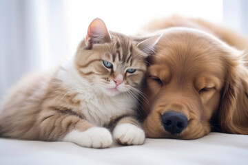 Heartwarming scene capturing cat and dog peacefully sleeping on bed, sharing affectionate hug. Perfect for showcasing bond between different animal companions.