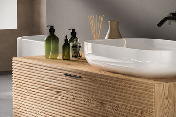 Close up of sink with mirror hanging in on gray wall , wooden cabinet with white ceramic sink and black faucet in minimalist bathroom. Side view.