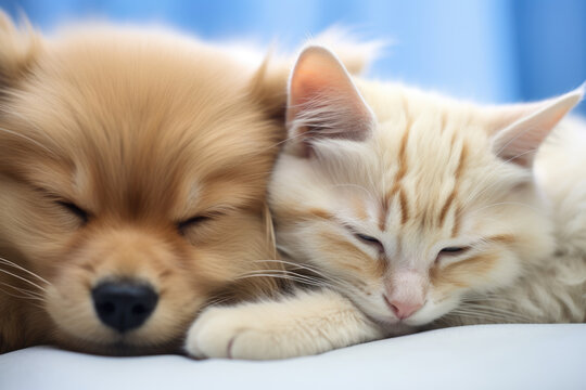 Heartwarming image of cat and dog peacefully sleeping side by side on cozy bed. Perfect for illustrating bond and friendship between different species. Ideal for pet-related articles.