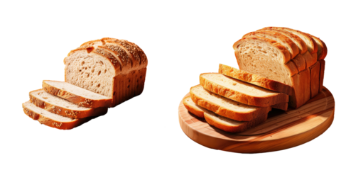 Wheat bread sliced on wooden board transparent background