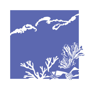 Card with the minimalistic sea scene. Corals and sea plants on a blue background.