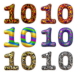Set of number 10 in 3d rendering isolated on transparent background for math, business and education concept