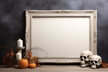 Blank frame for text with small pumpkins and scull in front of black wall. Halloween holiday, autumn concept.