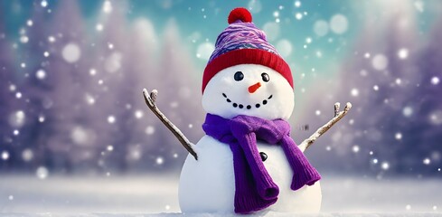 Snowman on the snow abstract background. Christmas themed. Abstract holiday background. Christmas concept with copy space for you design.