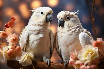 Foto op Canvas Two large white macaw parrots sit on a branch of sakura blossoms. Generative AI © voisine574
