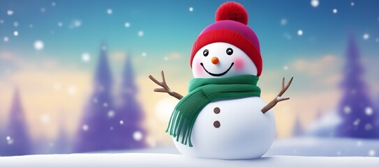 Snowman on the snow abstract background. Christmas themed. Abstract holiday background. Christmas concept with copy space for you design.