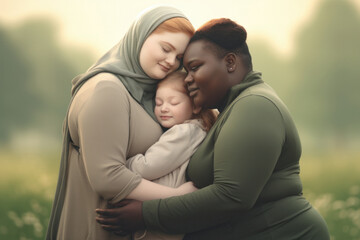 A family of two mothers of different body sizes, one Afro-American and the other Muslim, shares a tender embrace with their daughter surrounded by nature outdoors