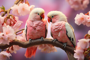 Two large pink macaw parrots sit on a branch of sakura blossoms. Generative AI