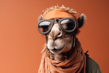 Photo portrait of happy camel wearing glasses and touristic clothes  - obrazy, fototapety, plakaty
