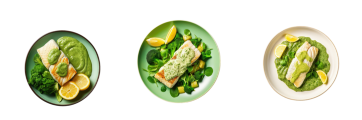 Fish fillet served with spinach sauce and steamed vegetables presented on a transparent background with copy space