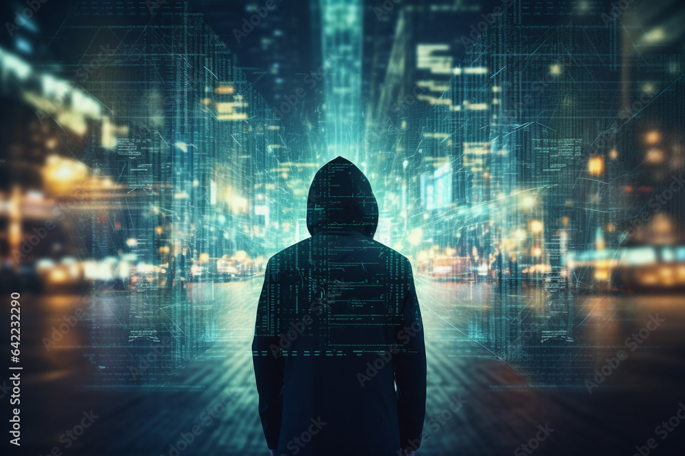 Aufkleber double exposure image of an anonymous hacker in a hoodie in the night in the city of data. high qual