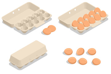 Isometric Chicken Egg Packaging. Eggs in a cardboard box isolated on a background. Chicken egg is a main component of the human diet serving as a dietary source of protein, fat, and other nutrients.