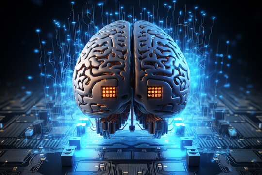 human brain and artificial intelligence concept, big data processing, computer motherboard. Education, knowledge and creativity. High quality photo