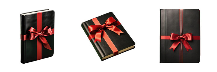 An transparent background features a black bible adorned with a festive red and green bow