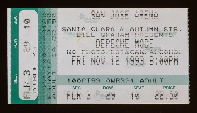 San Jose, California - November 12, 1993 - Old used ticket stub for Depeche Mode concert at San Jose Arena