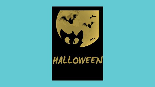 Halloween with cat and flying bats in night, motion holidays, horror and Halloween style background