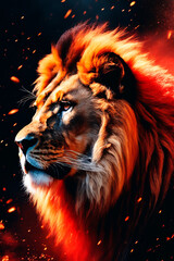 Naklejka premium Portrait of a lion with fire in the background.