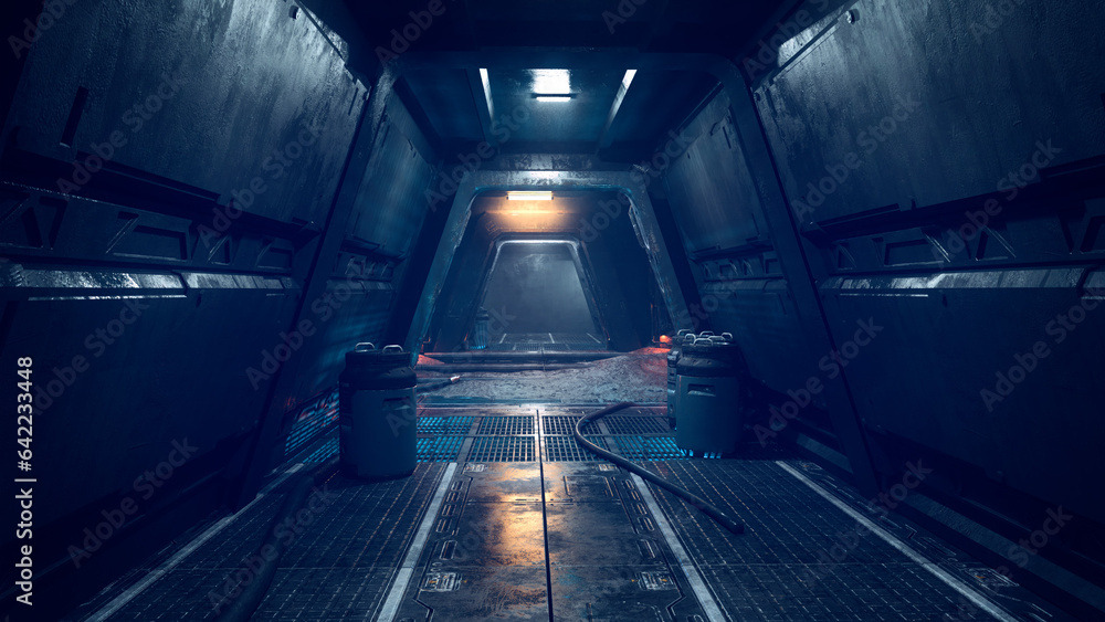 Poster Dark science fiction tunnel in a fantasy alien planet outpost at night. 3D rendering.