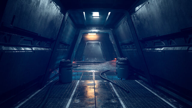 Dark science fiction tunnel in a fantasy alien planet outpost at night. 3D rendering.
