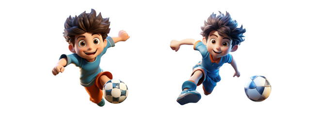 football or soccer player boy running fast and kicking a ball while training and playing a match, dynamic active pose of kids and children success in sports championship in cartoon style - obrazy, fototapety, plakaty
