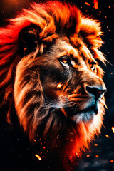 Portrait of a lion with fire in the background.