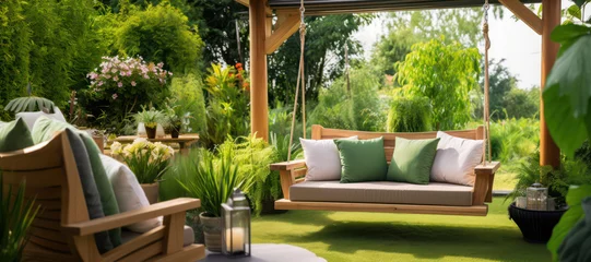 Foto op Aluminium beautiful wooden cozy swing hanged with rope in a green home garden backyard with green plants and trees and relaxation morning spring light for home landscaping design concepts © sizsus