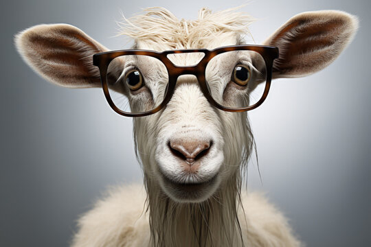 A photo of a serious goat in glasses . crazy or funny shot .