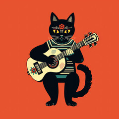 Cat with guitar on red background