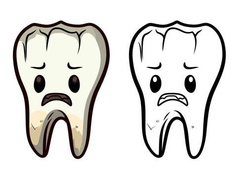 Sad decayed tooth cartoon vector illustration, unhealthy bad tooth colored black white stock vector image