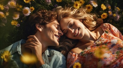 Couple lying on grass in flower field, young man and woman in love smiling among flowers