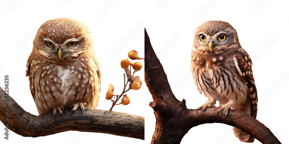 Poster sleeping barred owlet pet on a dry branch of a tree transparent background