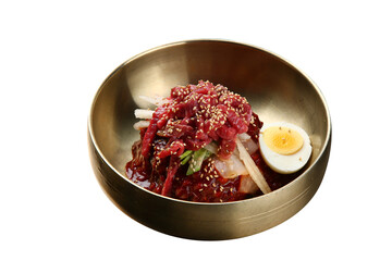 Delicious Korean traditional yukhoe bibimbap with white background