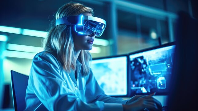 A woman at home is working with vr glasses