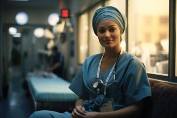 A Muslim woman nurse in a medical setting, emphasizing her role as a healthcare professional dedicated to healing and well-being. Generative Ai