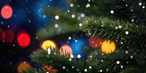 Fototapeta premium Christmas tree branch with bright glowing lights defocused blurred effect bokeh. Christmas fir and pine tree branches