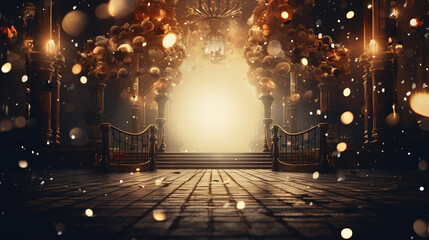 Portal to the abyss. 3D illustration of a fantasy background with a mystical atmosphere. Surreal, fantasy castle. Christmas background with snowflakes and bokeh lights. - obrazy, fototapety, plakaty