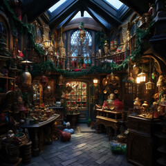 Santa's Workshop in an Enchanting Winter Setting with Fantastical Architecture, Generative AI