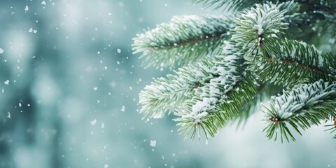 Christmas tree branch with white snow. Christmas fir and pine tree branches covered with snow. background of snow and blurred effect. Gently falling snow flakes against blue - Powered by Adobe