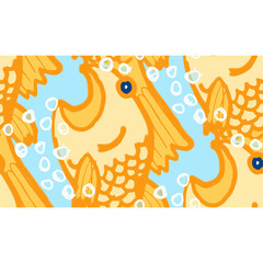 Gold Orange Fish Bubbles Blue water, Vector Seamless Repeating Pattern Tile