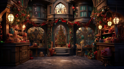 Santa's Workshop in an Enchanting Winter Setting with Fantastical Architecture, Generative AI - obrazy, fototapety, plakaty